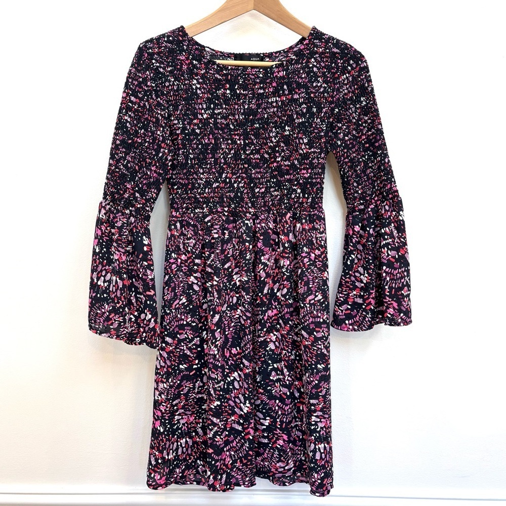Aqua Smocked Bell Sleeve Dress Boho Chic Abstract Print Navy Blue Multi Size S